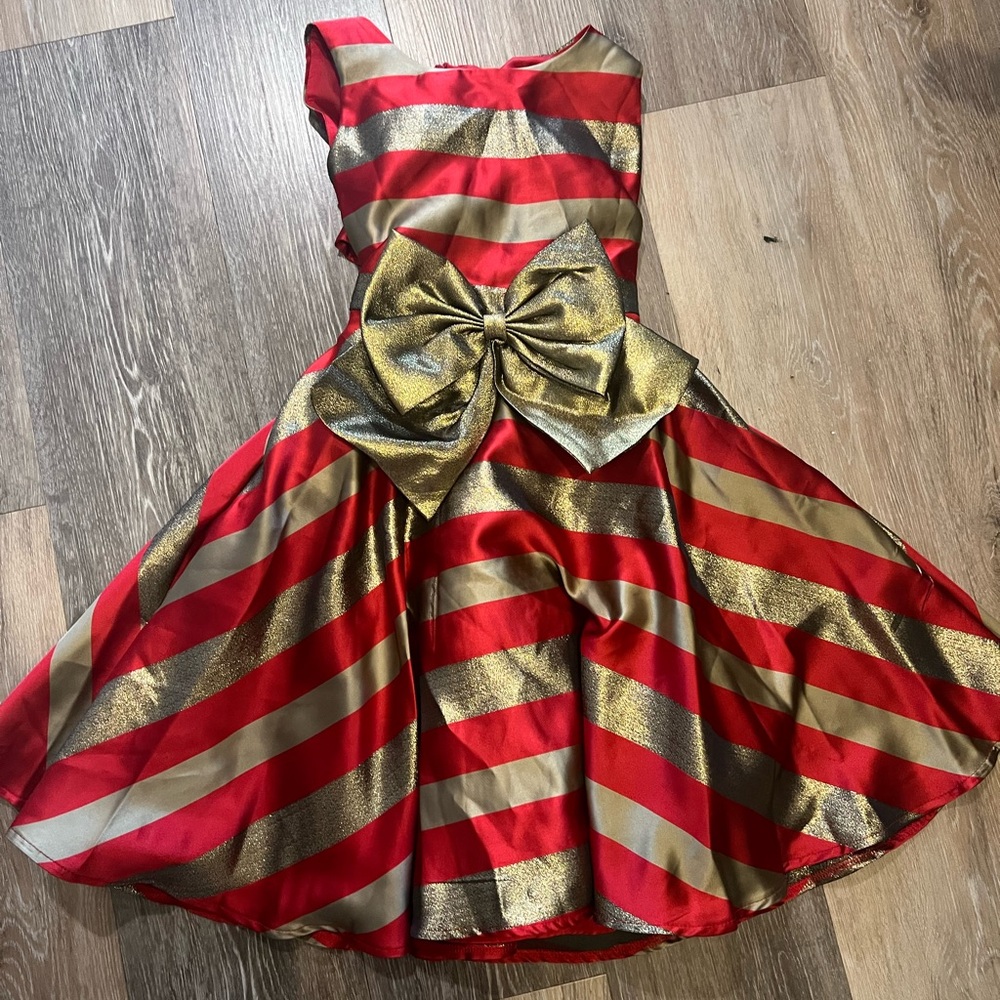 Bonnie Jean Red and Gold Striped Kids Holiday Dress